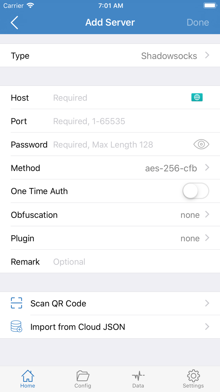 Shadowrocket’s Add Server screen, showing Type, Host, Port, Password, Method, and Scan QR Code and Import from Cloud JSON at the bottom