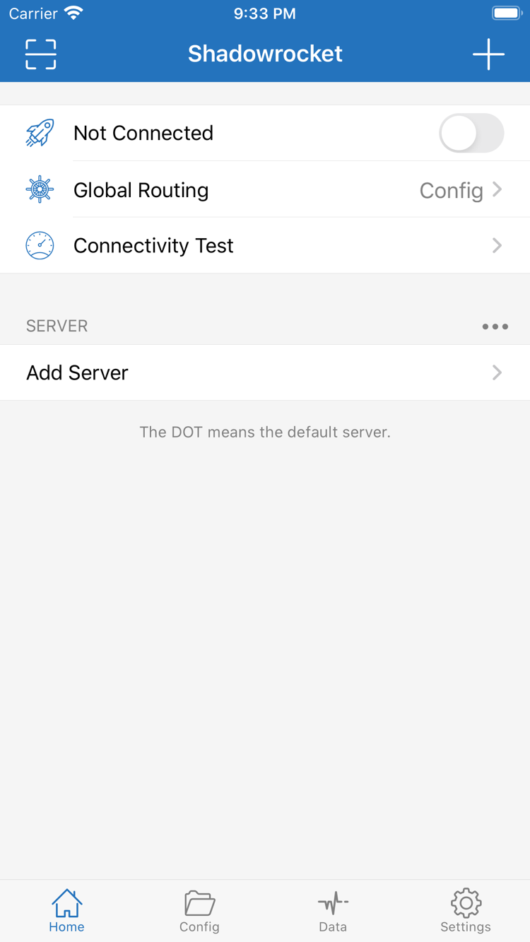 Shadowrocket’s Home screen, with the Not Connected switch at the top, followed by Global Routing, Connectivity Test, the SERVER group, and Add Server